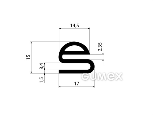 Gummiprofil, 15x17/2,35mm, "e" Form mit Loch, 70°ShA, NBR, ISO 3302-1 E2, -40°C/+70°C, schwarz, 